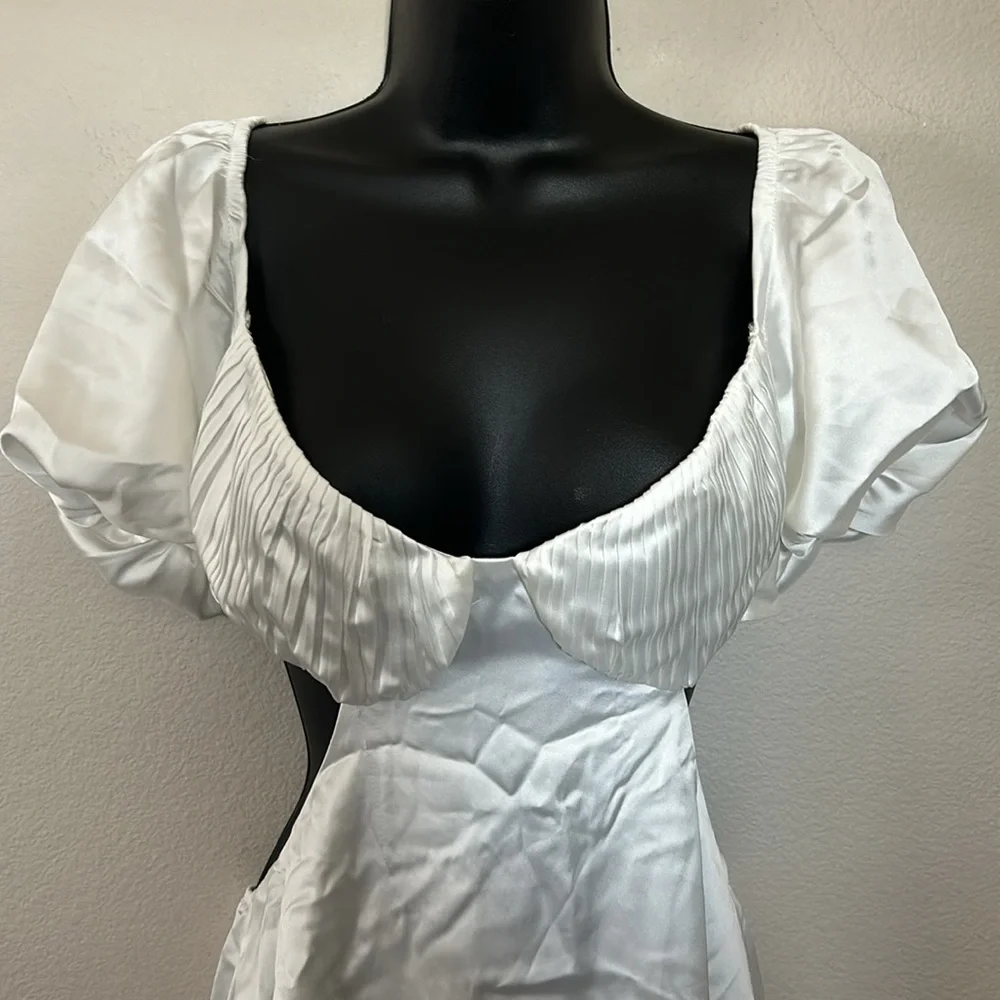 Princess Polly Cindi White Pleated Bust Puff Sleeve Tie Back Satin Mini Dress - Picture 5 of 12